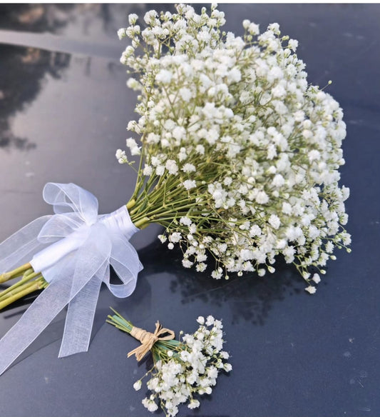 Bouquet de Mariée de Gypsophiles + Boutonnière de Marié